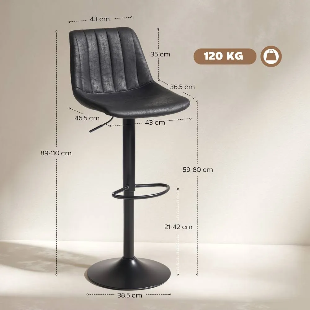 HOMCOM Bar Stools Set of 2 Adjustable Swivel Bar Chairs with Backrest Black 3