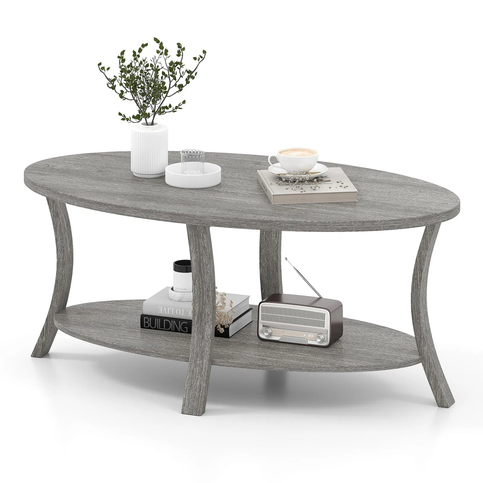 Costway Oval Coffee Table 2-Tier Cocktail Center Table Tea Table in Grey