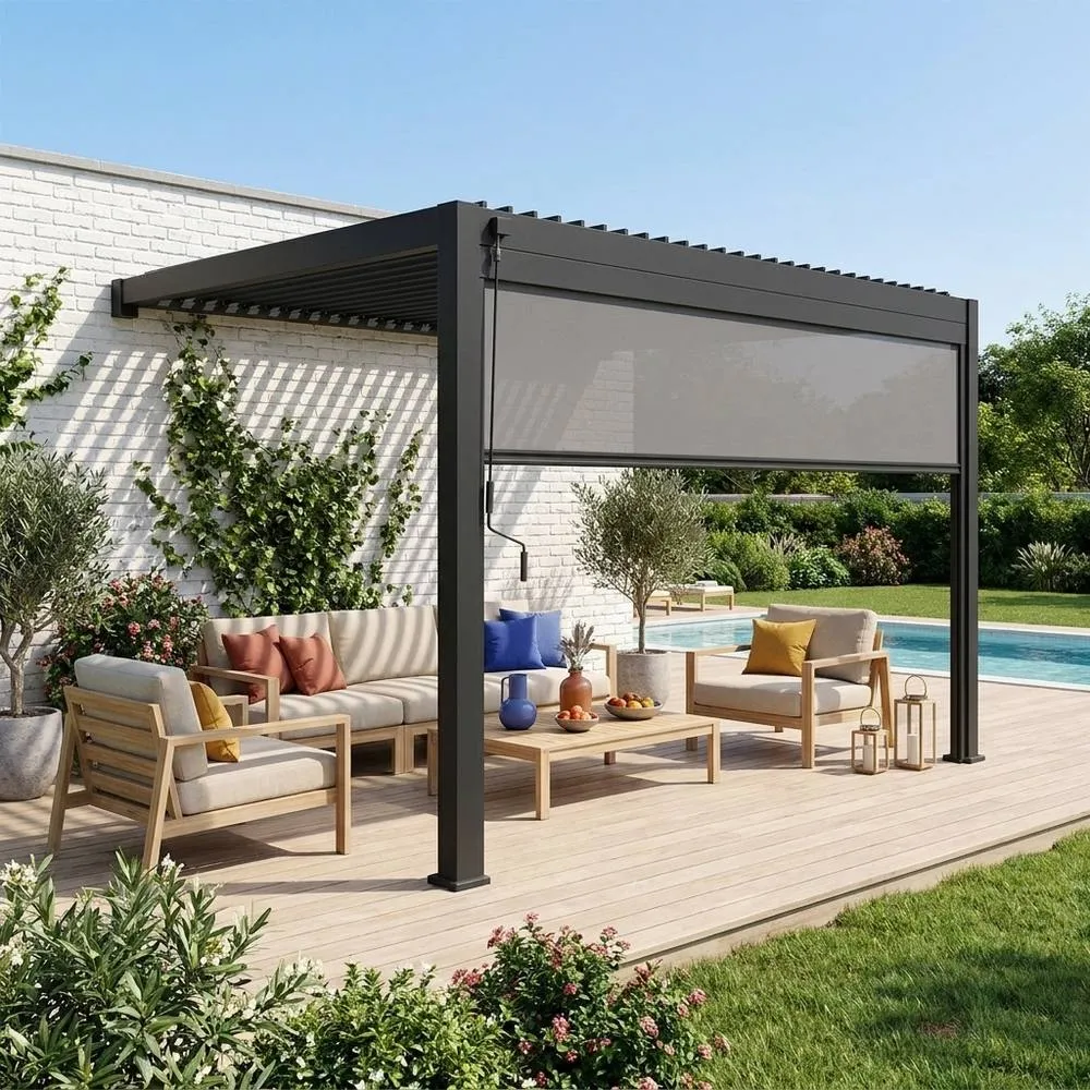 sweeek Lean to pergola with louvered roof in aluminium 4x3m + 4m blind in Dark Grey 1