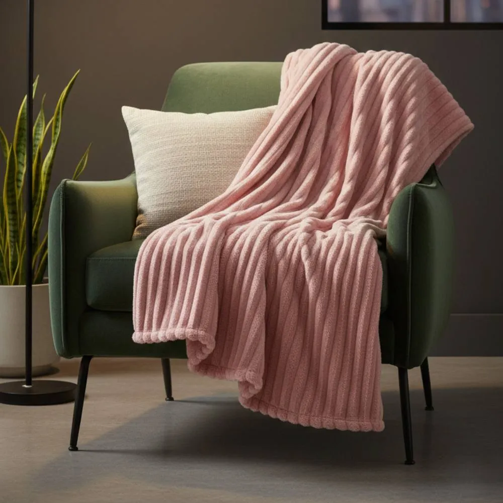 Snug City Chunky Ribbed Mink Throw Ultra Soft Warm Elegant Blanket for Sofa Bed in Pink
