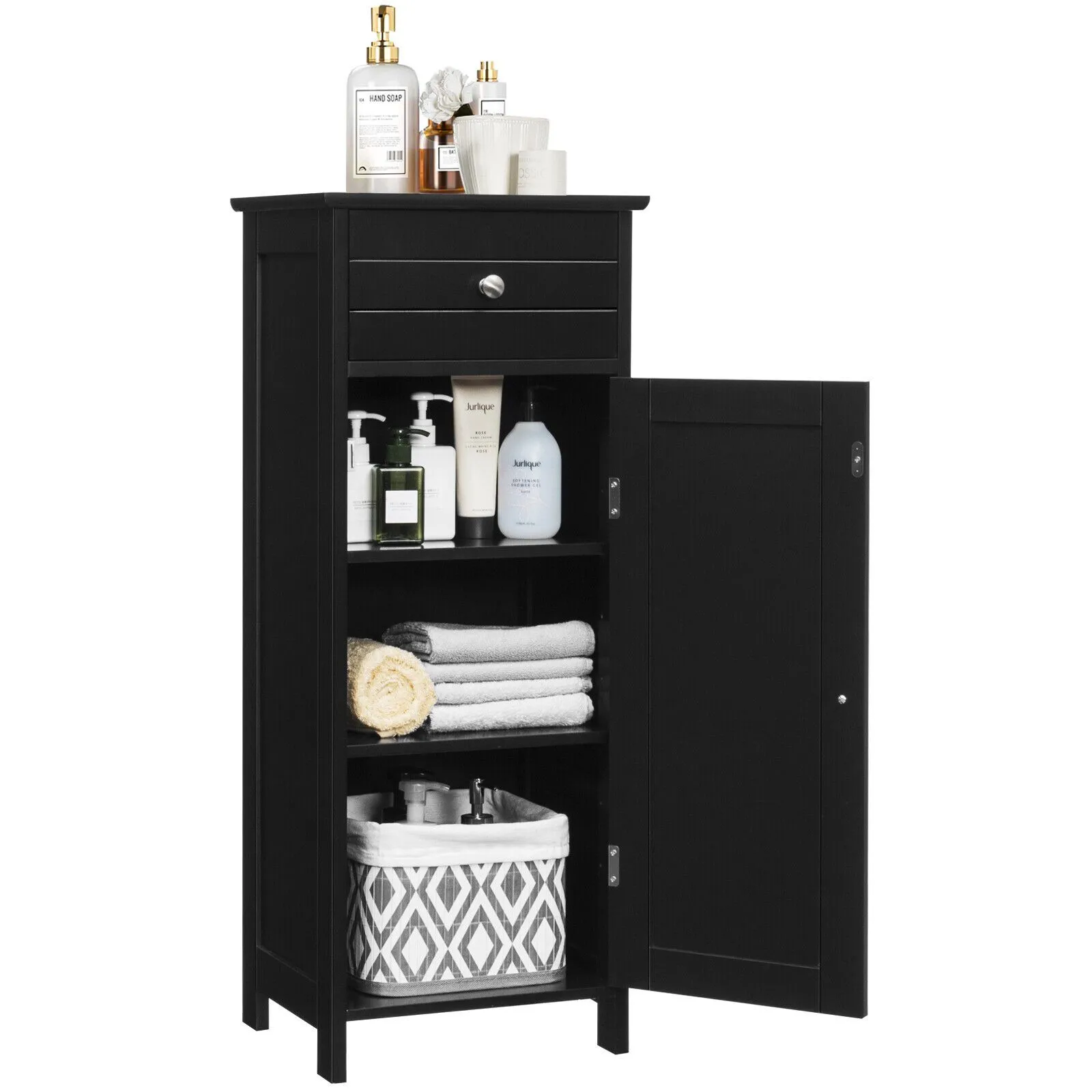 Costway Bathroom Wooden Storage Cabinet Floor Standing Cupboard w/ Single Door & Drawer in Black 2