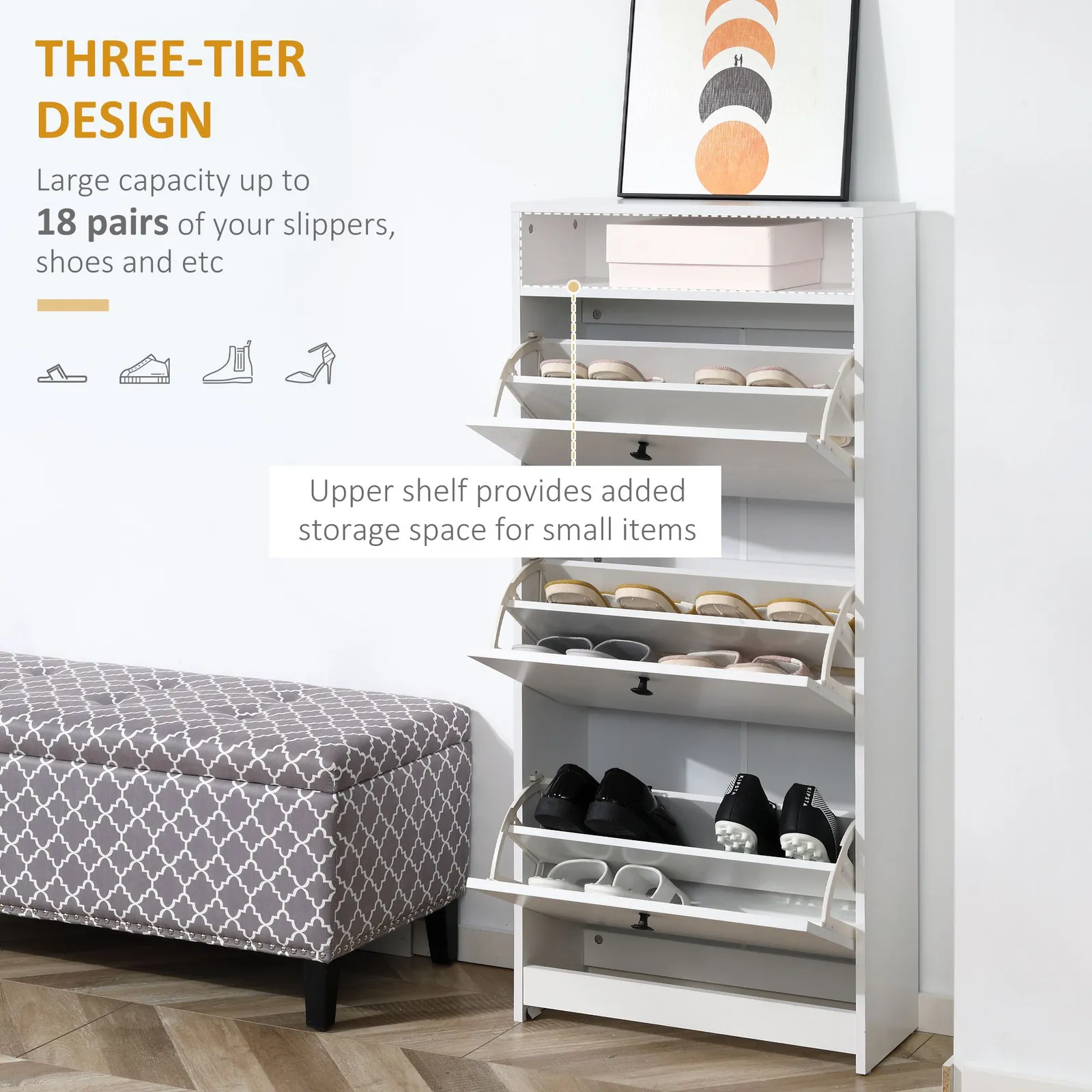 HOMCOM Shoe Storage Cabinet Footwear Rack Organiser with 3 Flip up Drawers in White 4