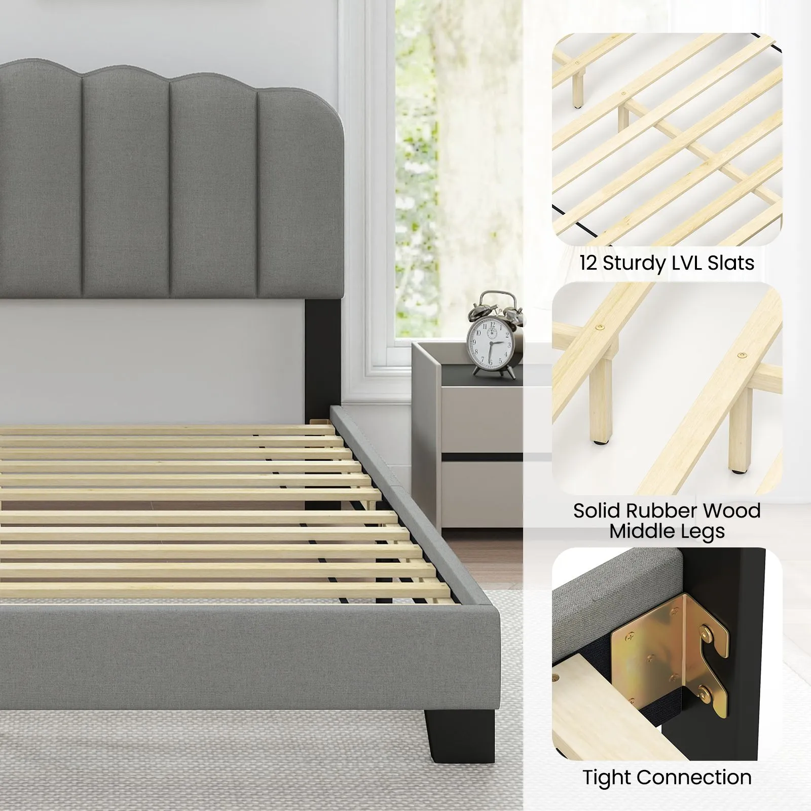 Costway Double Size Bed Frame Linen Upholstered Platform Bed in Grey 4