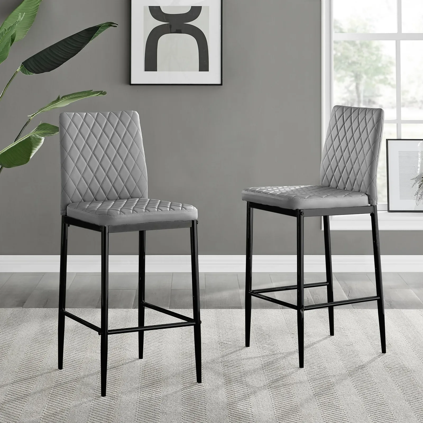 FurnitureboxUK Set of 2 Milan Hatched Faux Leather Padded Counter Stools With Black Metal Legs in Grey 1
