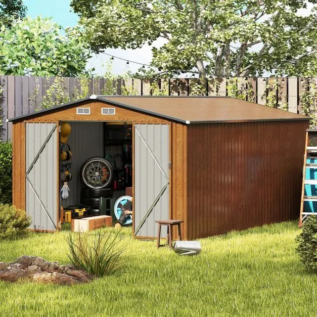 Costway 426 cm x 300 cm Outdoor Storage Shed Large Garden Tool House in Beige 3
