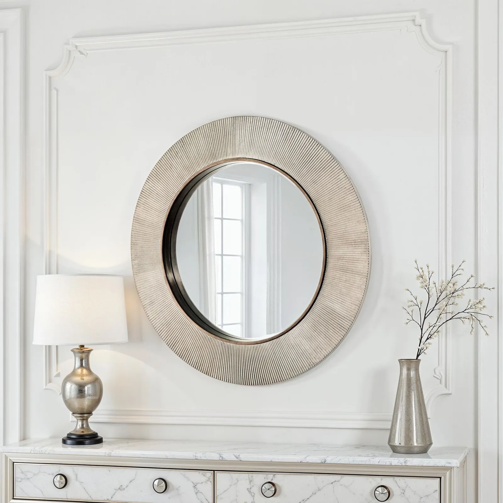 Yearn Mirrors Aubry Round Ribbed Silver Mirror in Metallic Silver 3