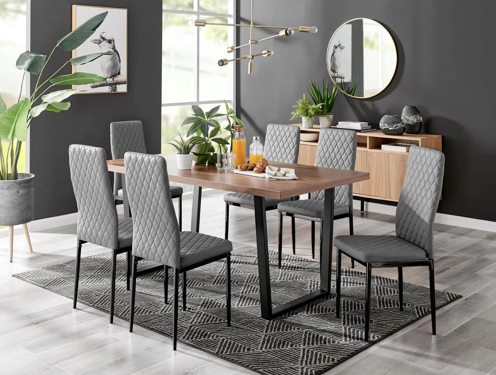 FurnitureboxUK Kylo Large Brown Wood Effect Dining Table & 6 Milan Black Leg Faux Leather Chairs in Grey