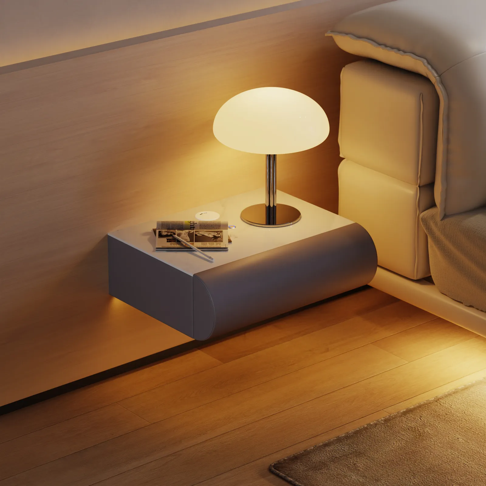 Humply Floating Leather 1-Drawer Smart LED Nightstand with Sintered Stone Top