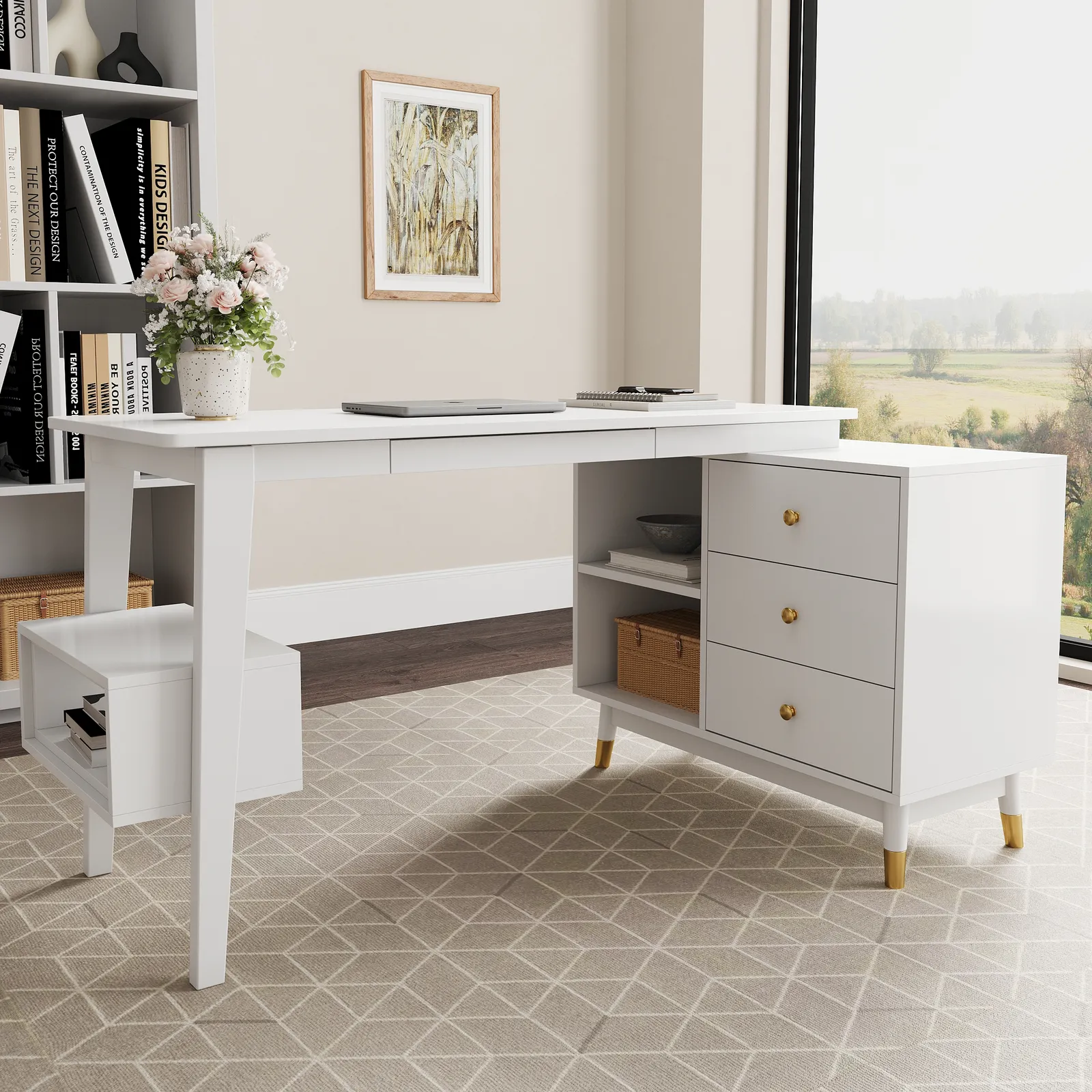 Ultic White L Shaped Home Office Desk Desk with Storage Drawers & Shelf Computer Desk (1200mm)