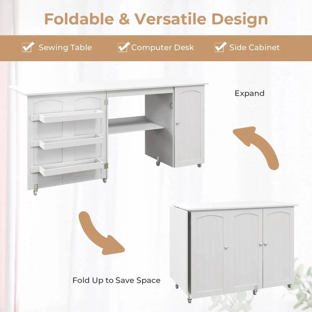 Costway Large Foldable Sewing Table Rolling Drop Leaf Craft Table with Lockable Casters in White 6