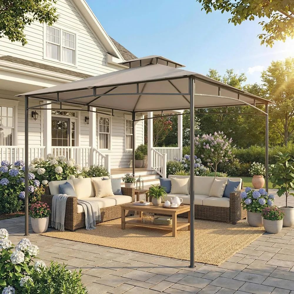 OUTSUNNY 3 x 3 m Gazebo, Outdoor Gazebo Canopy with 2-Tier Roof in Beige 1