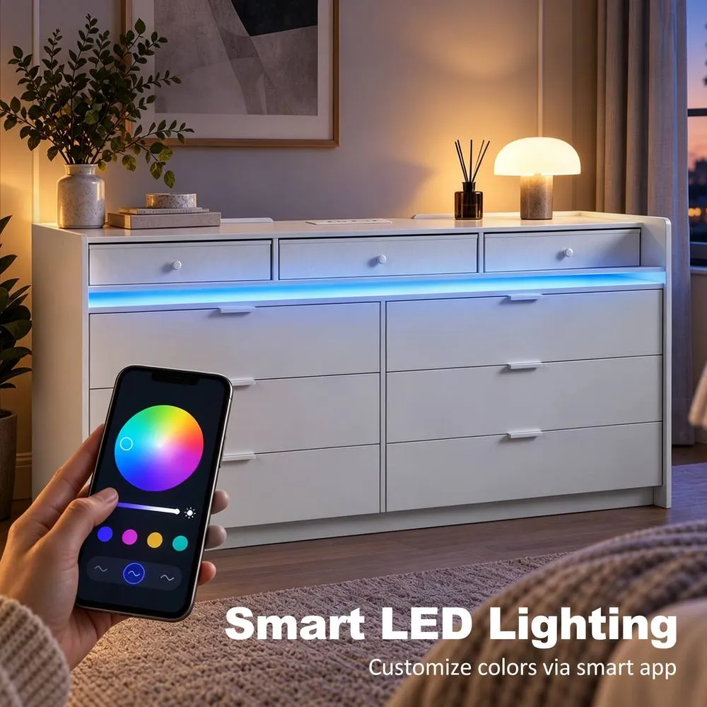 HOMCOM Chest of Drawers for Bedroom with LED Light & Charging Station, White 4