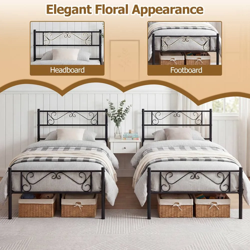Costway Single Size Metal Bed Frame with Floral Headboard & Footboard in Black 6