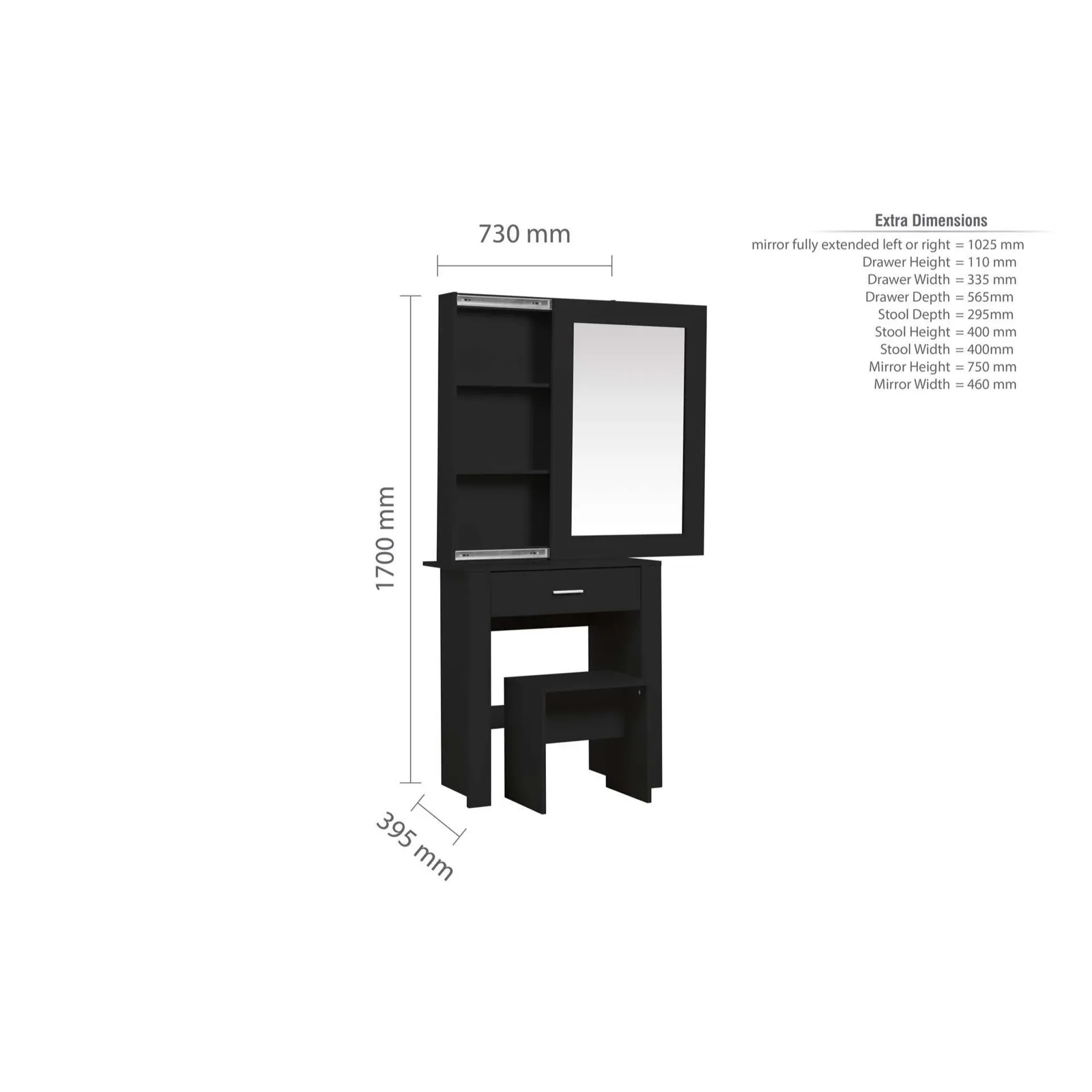 Birlea Evelyn 1 Drawer Sliding Mirror Dressing Table White in Black 6