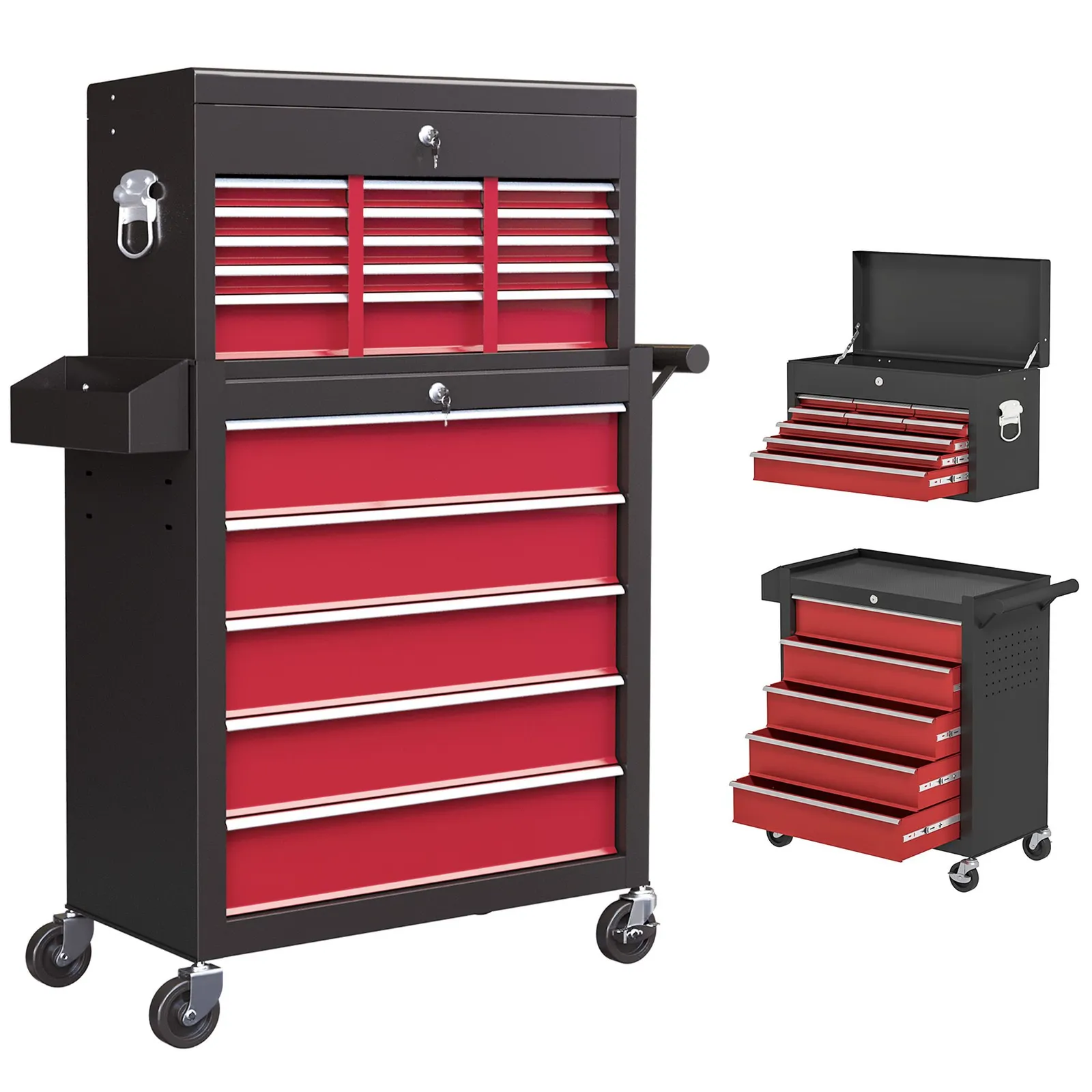 HOMCOM Rolling Tool Cabinet on Wheels with 14 Drawers, Pegboard & Side Rack, Lockable Top Tool Chest & Roller Cabinet Combo for Workshop & Hom in Red 2