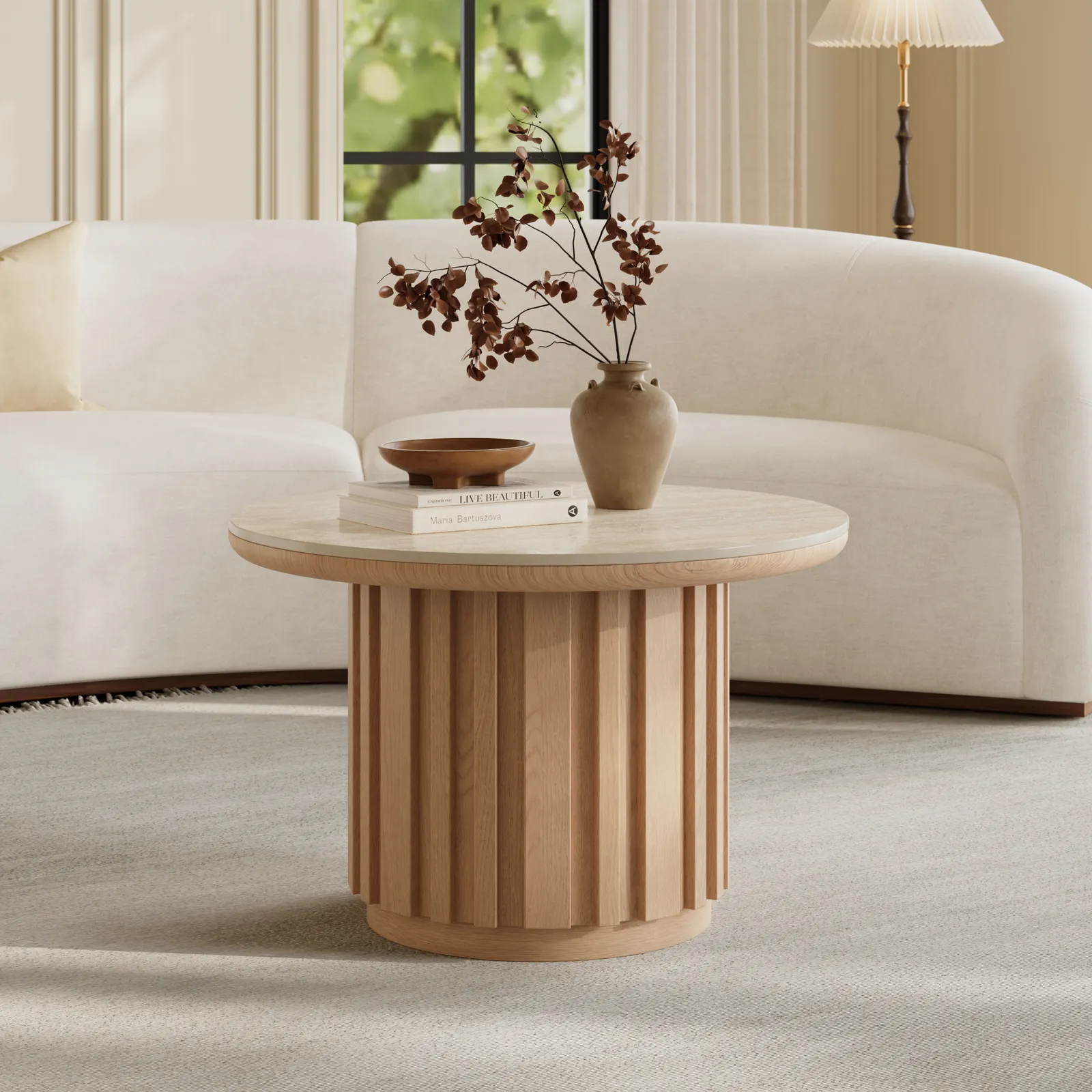 Aura Ash Wood Slatted Round Coffee Table with Sintered Stone Top