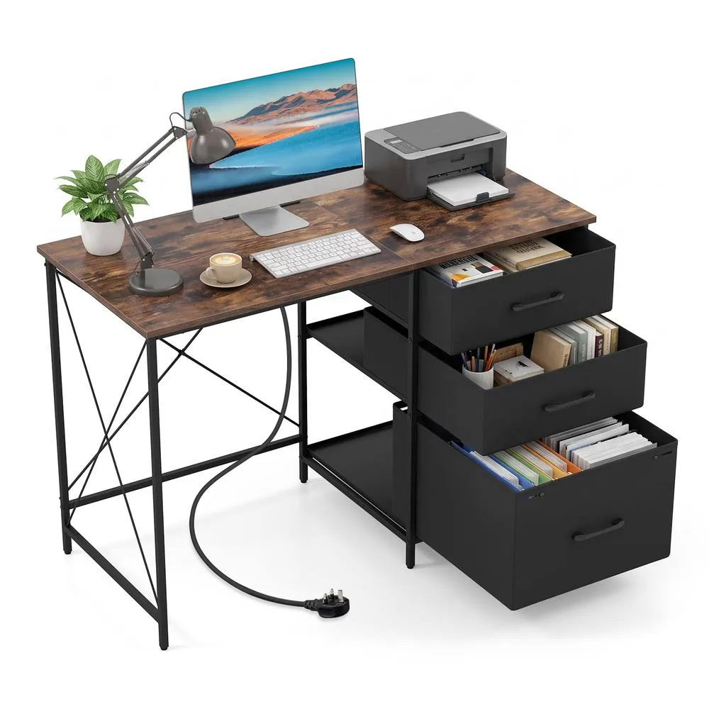 Costway Desk with Power Outlets & File Drawers Home Office Desk Rustic Brown