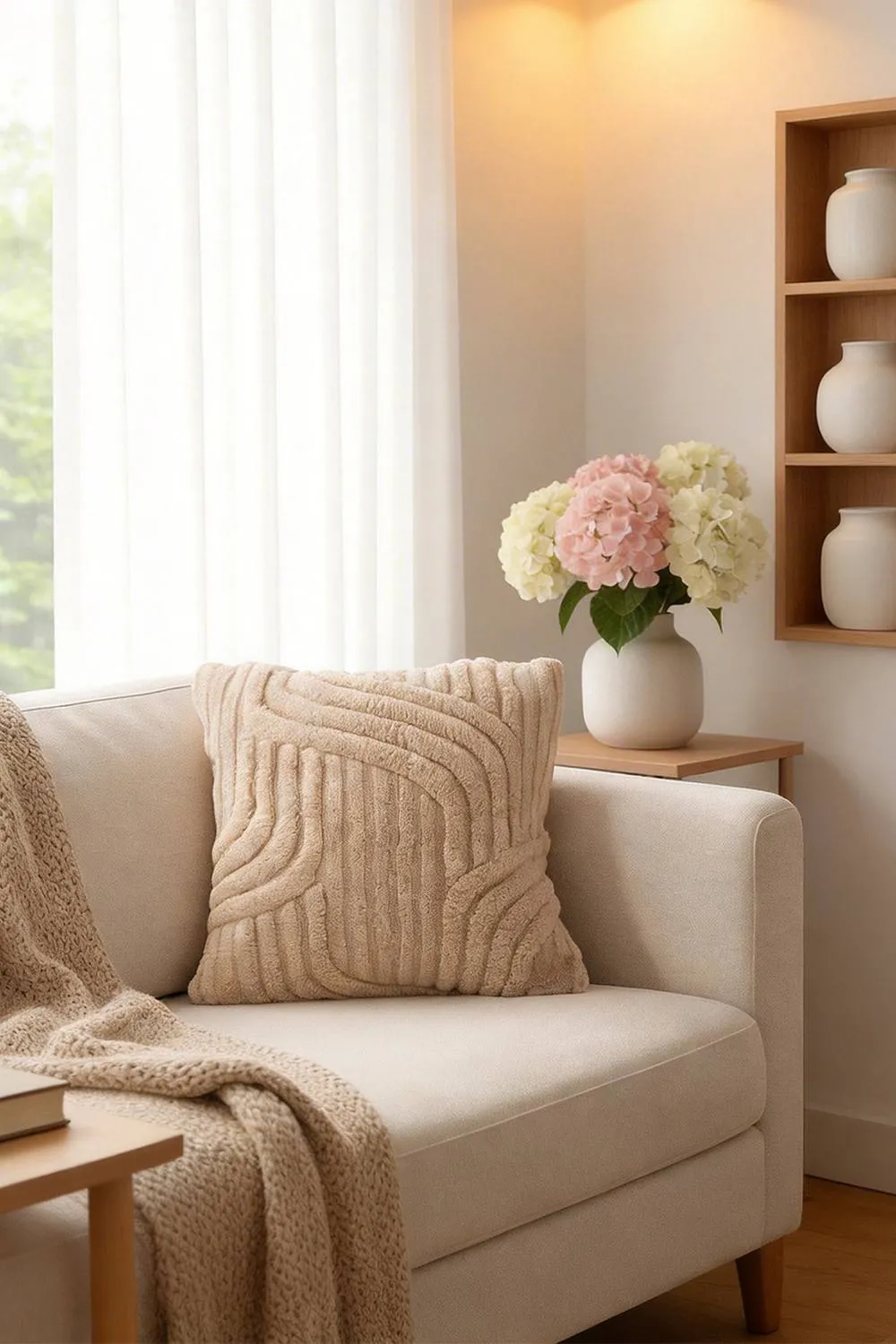 Living and Home 3D Wave Textured Plush Throw Pillow Cover in Light Brown