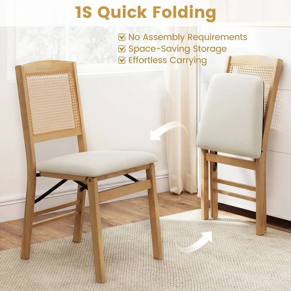Costway Folding Chairs Set of 2 Rubber Wood Dining Chairs w/Linen Padded Seat in Natural 6