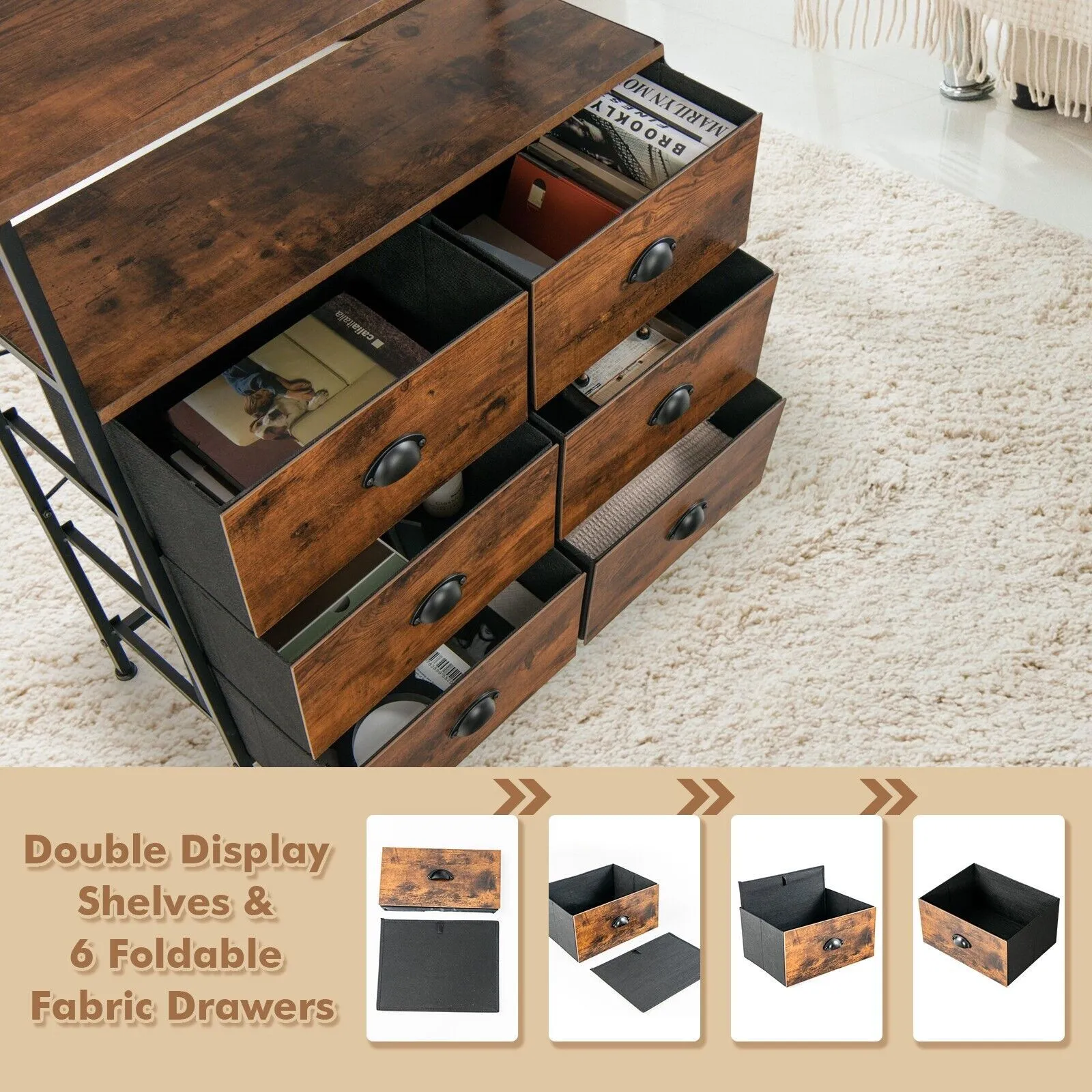 Costway 6 Drawers Dresser Storage Organizer w/ 6 Removable & Foldable Fabric Drawers in Brown 5