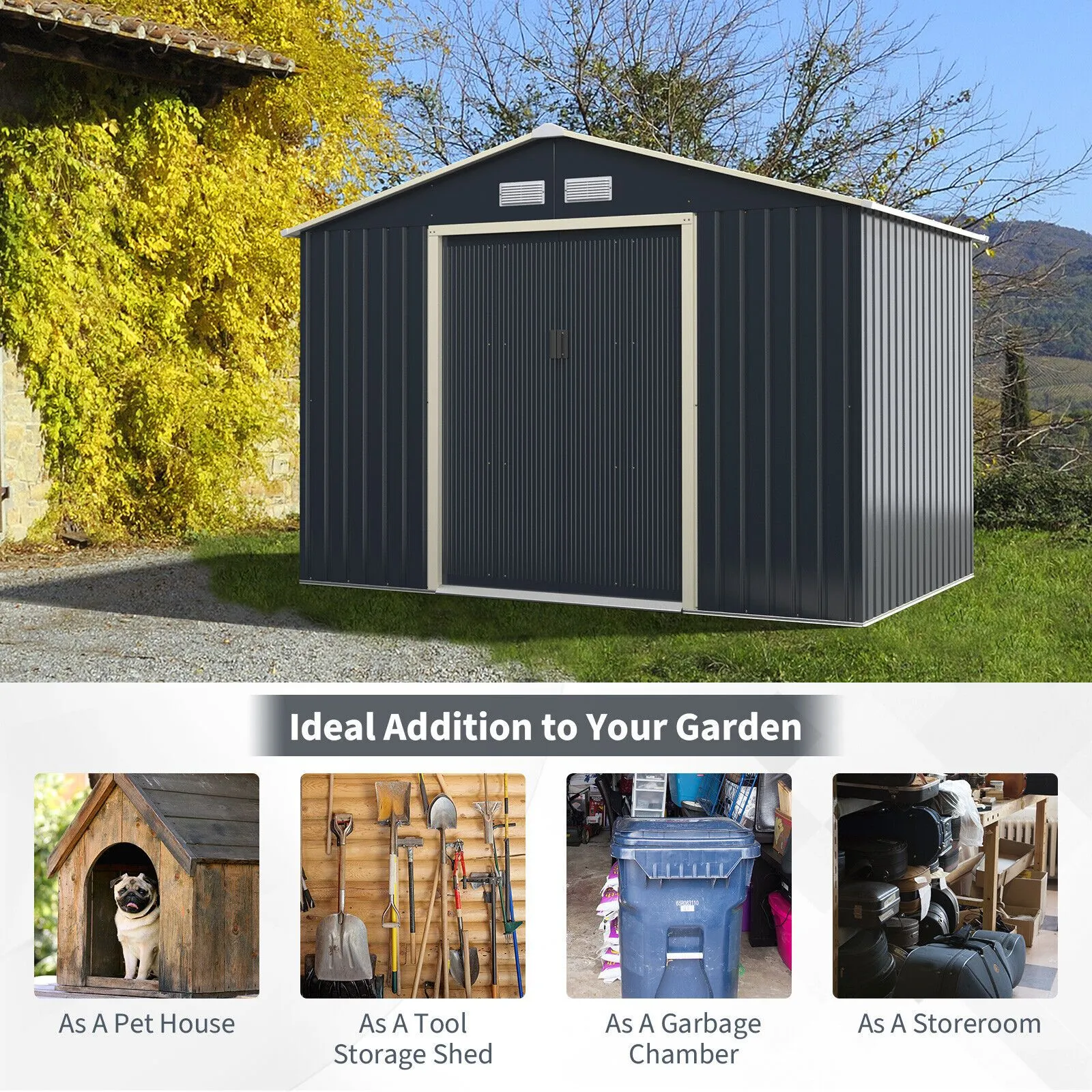 Costway 9.2FT x 6.5FT Outdoor Storage Shed Large Organizer House Double Sliding Door in Grey 5