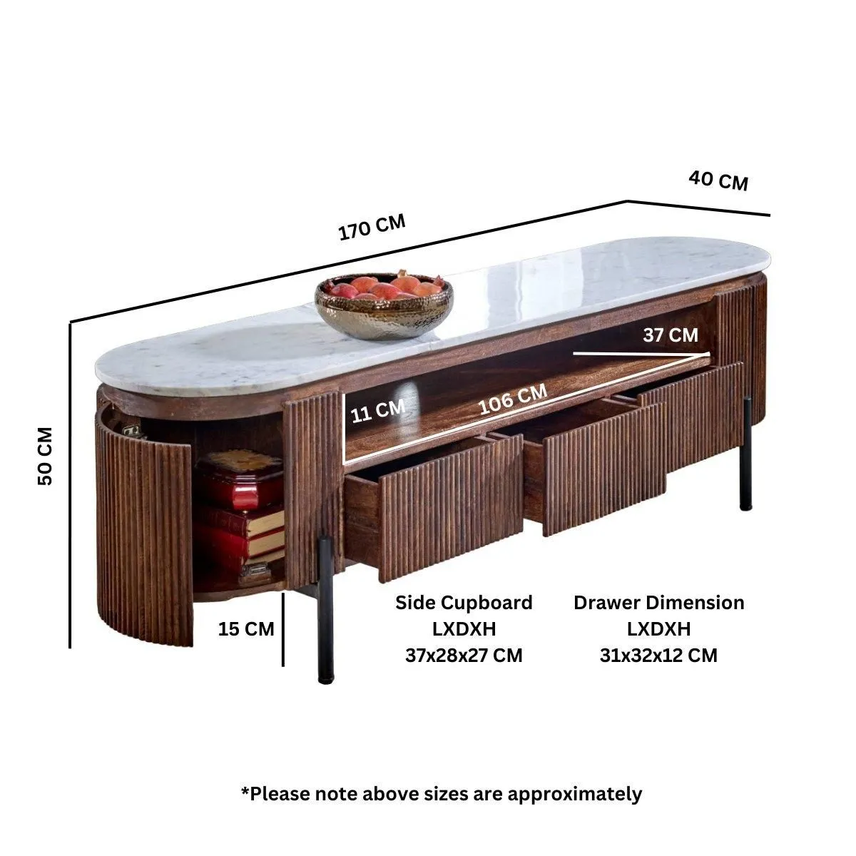 IH Design Tilden Mango Wood Large Tv Stand With Marble Top & Metal Legs in White 6
