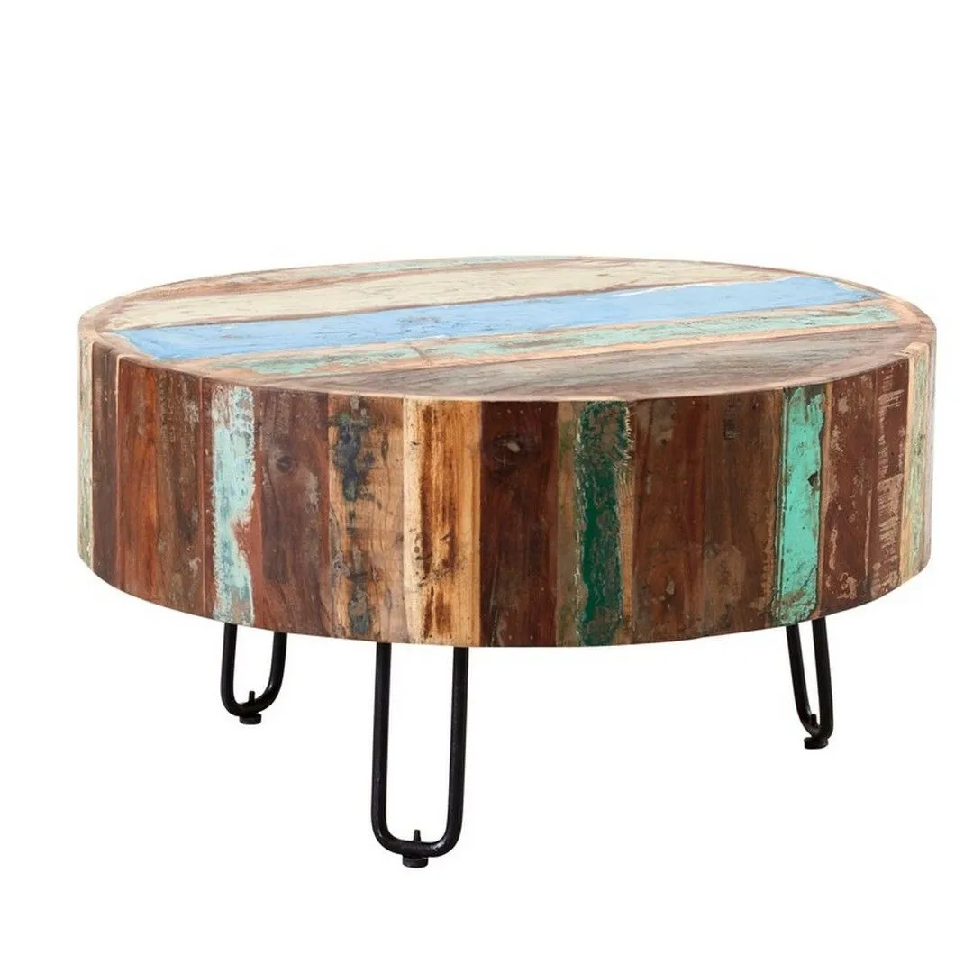 Indian Hub Coastal Drum Coffee Table - Wood - L70 x W70 x H38 cm in Brown