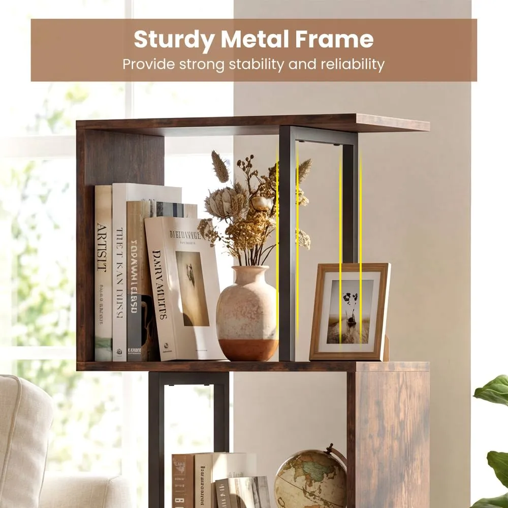 Costway 6-Tier Bookshelf Industrial Bookcase Wooden S-Shaped Storage Organizer in Brown 4