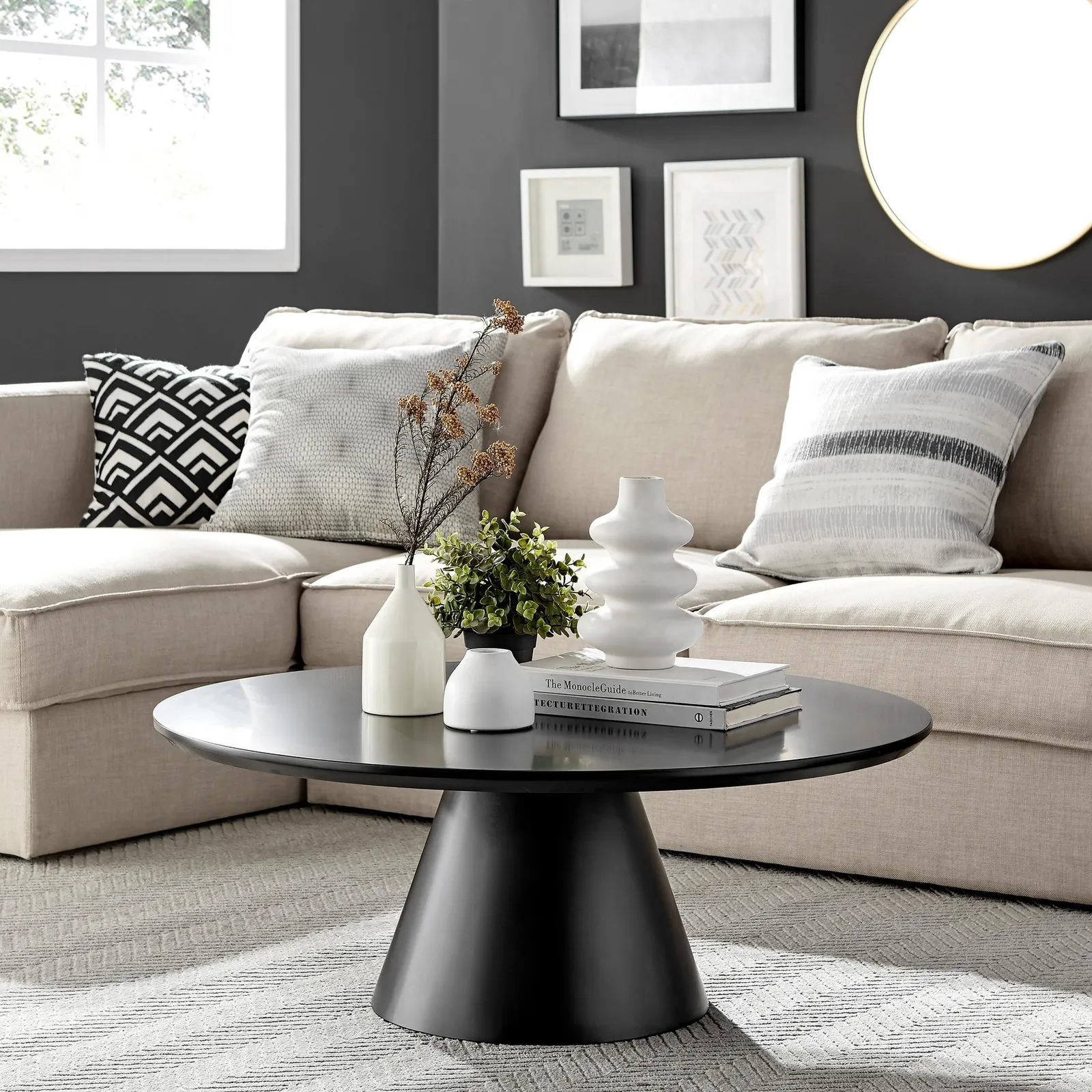 FurnitureboxUK Palma Round Coffee Table with Pedestal Pillar Base & Semi-Matte or High Gloss Finish for Modern Minimalist Industrial Look in Black 1