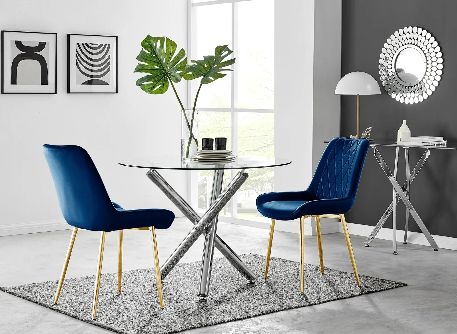 FurnitureboxUK Selina Round Glass Chrome Leg Dining Table & Pesaro Gold Leg Chairs in Navy