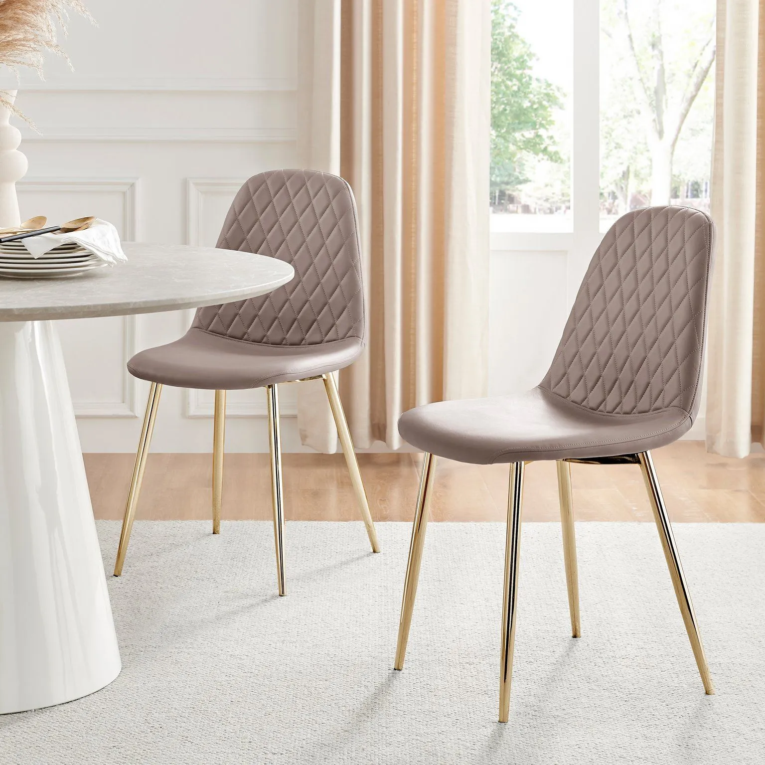 FurnitureboxUK 2x Corona Gold Leg Faux Leather Dining Chair in Beige