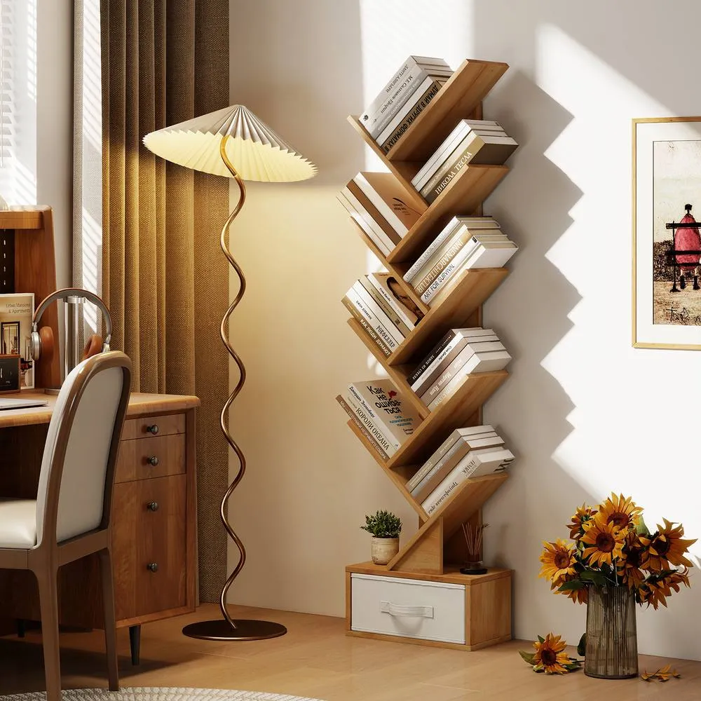 Costway Wooden Tree Bookshelf Modern 150cm Tall Narrow Bookcase w/ 10 Shelves in Natural 6