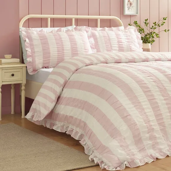 Catherine Lansfield Seersucker Frill Stripe Polycotton Duvet Cover & Pillowcase Set 1