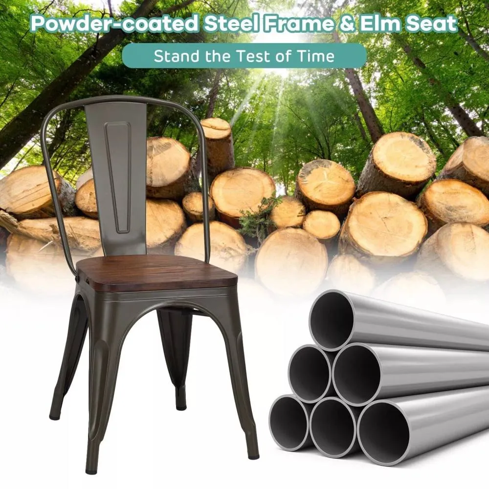 Costway Set of 4 Dining Chair Industrial Stackable Bar Stool with High Backrest in Brown 6