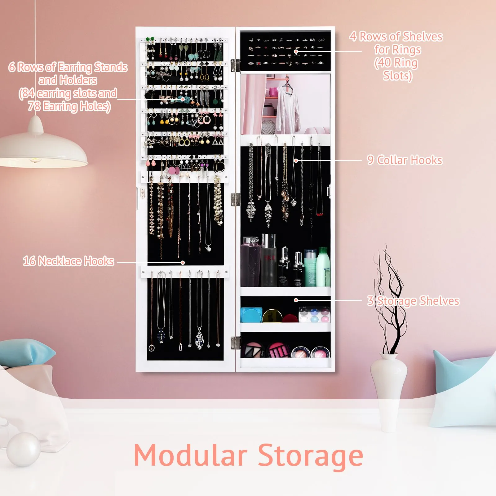 Costway Mirrored Jewelry Cabinet Wall Mounted/Door Hanging Jewelry Armoire w/ Full-Length Mirror in White 4