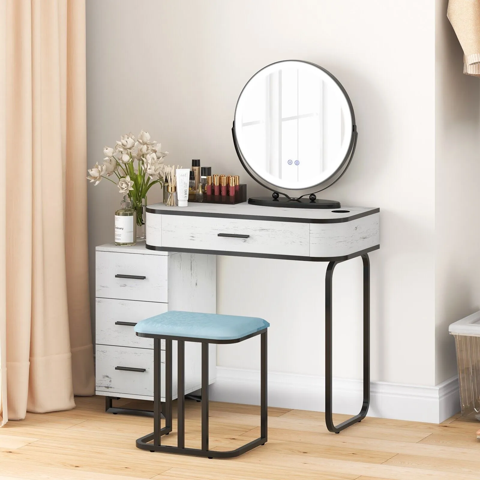 Costway Dressing Table Vanity Set Makeup Stool w/ Charging Station & 3Color Lighted Swivel Mirror & 3Drawer Chest in White 5