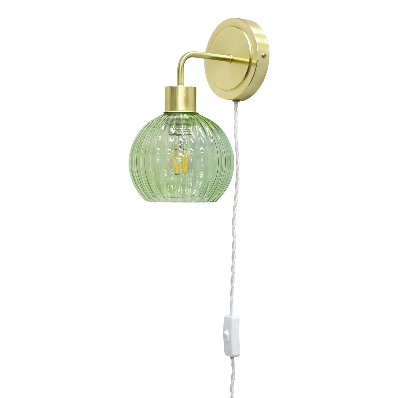 First Choice Lighting Set of 2 Toby - Satin Brass Plug in Wall Lights Green Ribbed Shades in Gold 2