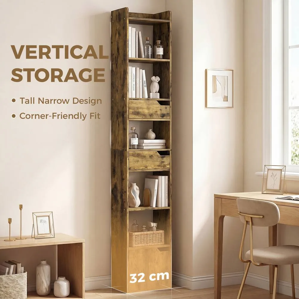 HOMCOM Bookcase Tall Narrow with 5 Tiers Drawers Rustic Brown 4