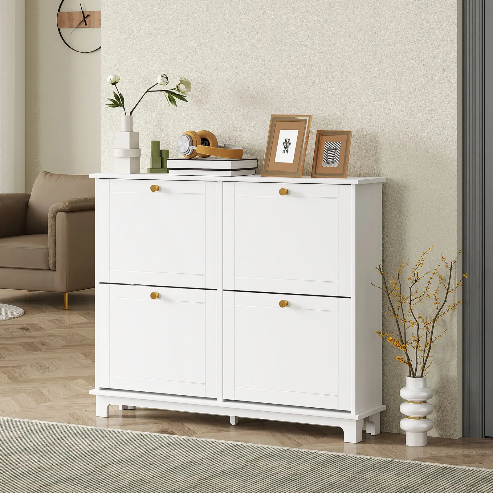 HOMCOM Narrow Shoe Cabinet with 4 Flip Drawers Adjustable Shelves, White