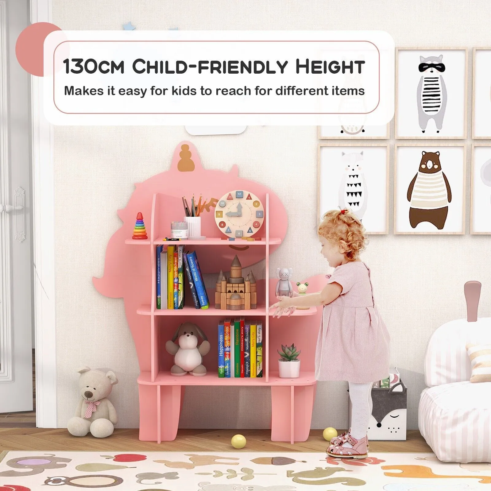 Costway Unicorn Bookcase 3-Tier Toy Storage Organizer Wooden Bookshelf in Pink 5