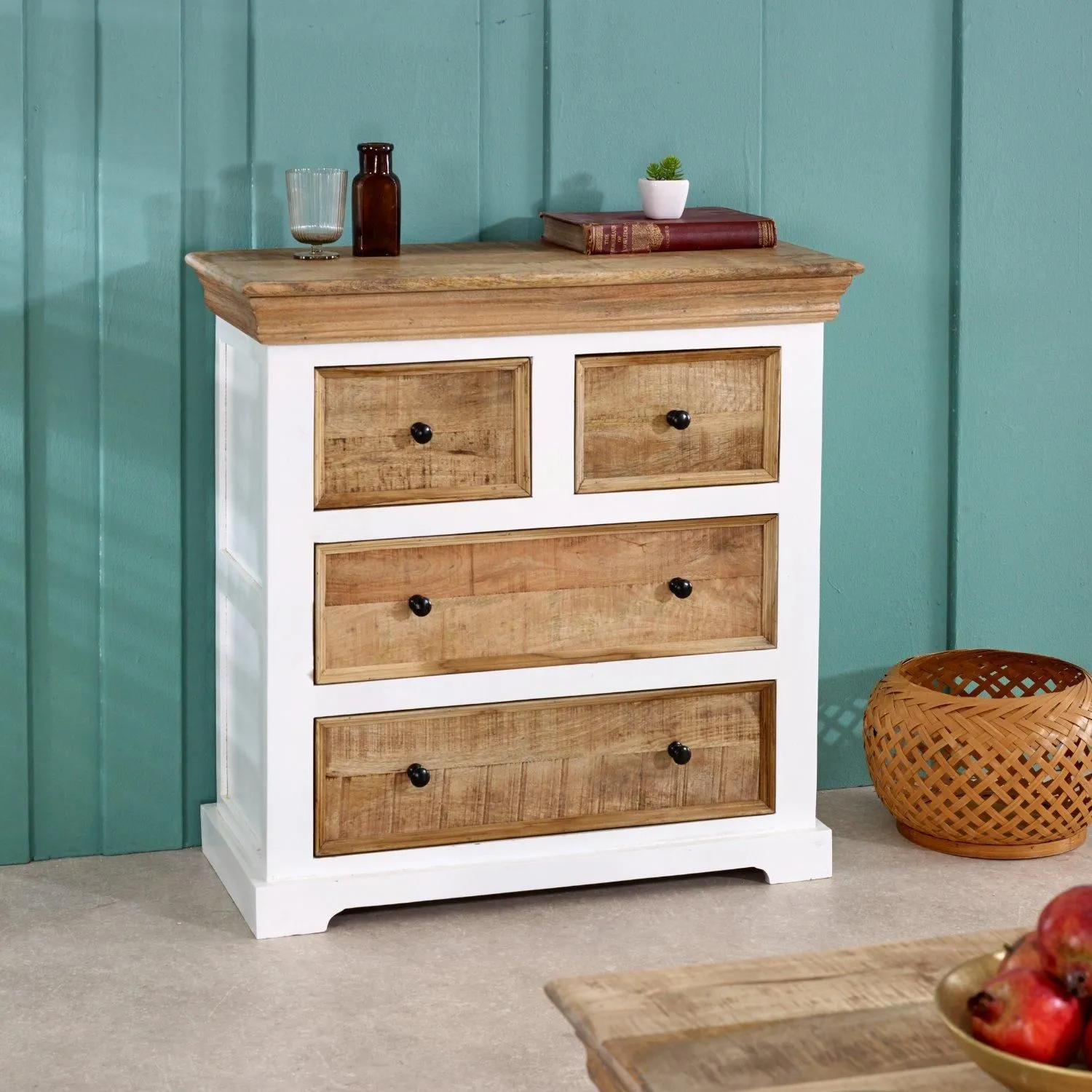 IH Design Curley Solid Mango Wood White Chest Of 4 Drawers
