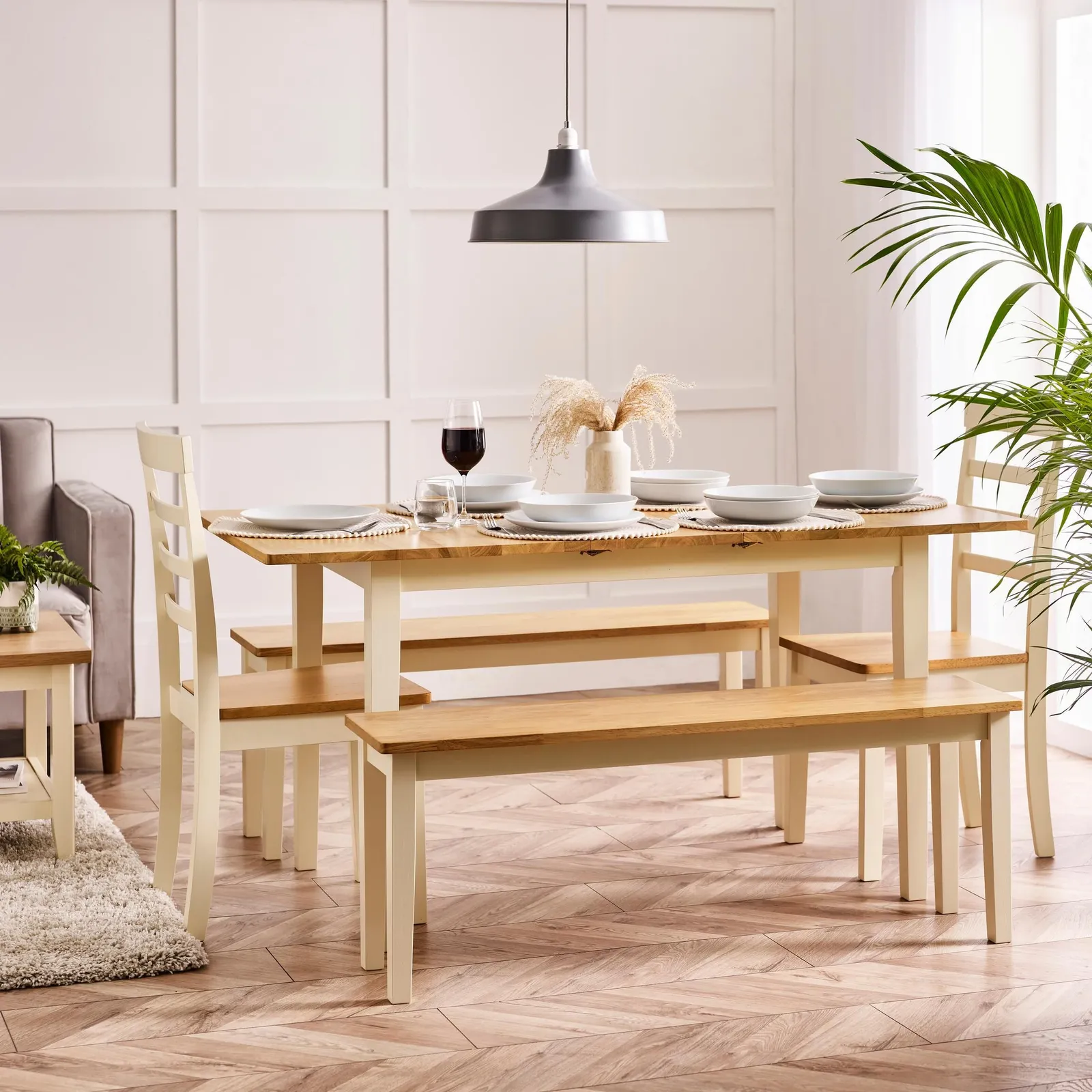 FurnitureboxUK Salcombe Extending Rectangular Wooden Table with 2 Whitby Chairs & 2 Large Benches in Cream