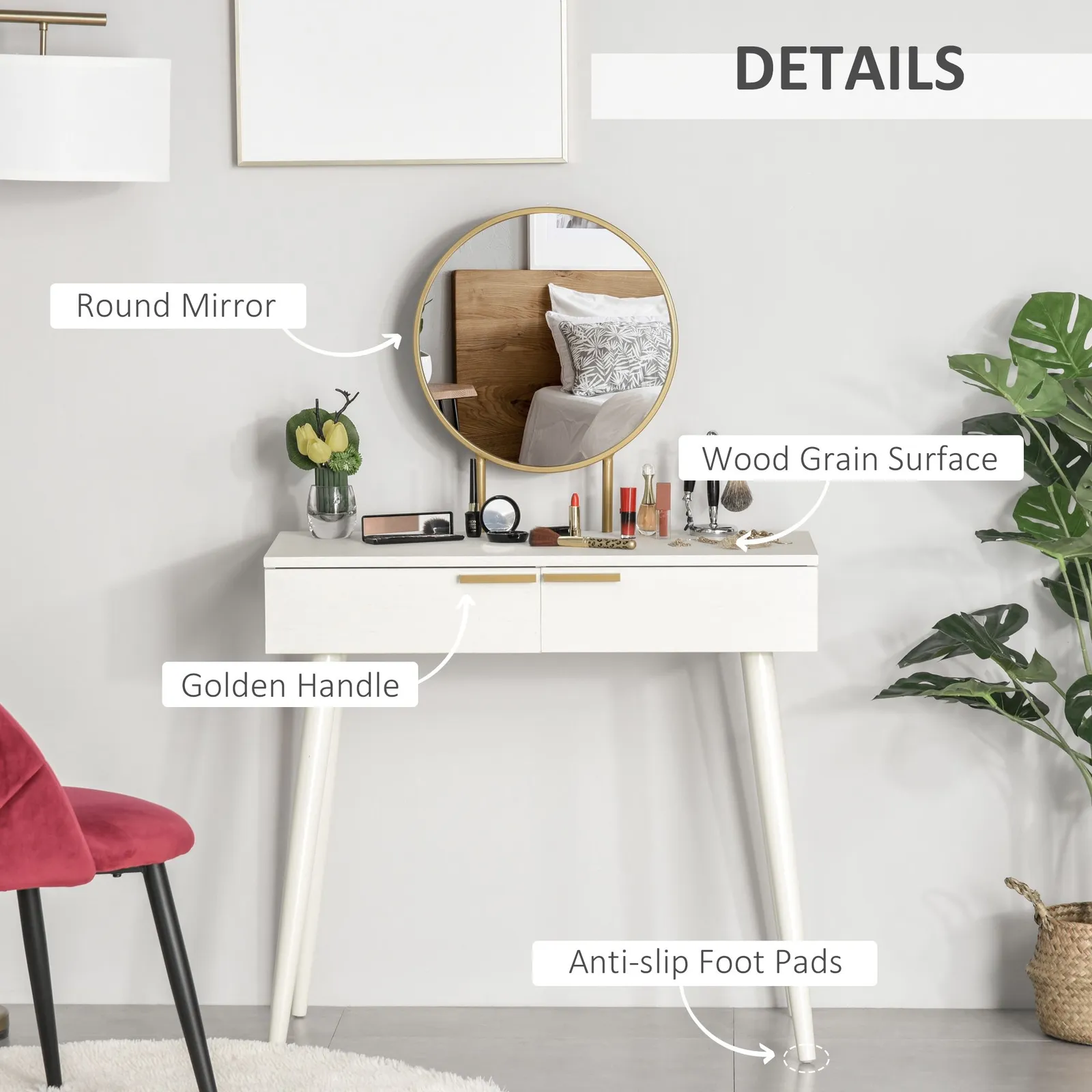 HOMCOM Modern Dressing Table w/ 2 Drawers Round Mirror for Bedroom White 4