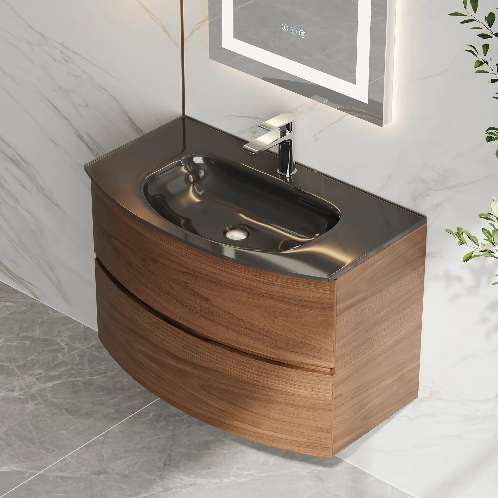 Modern 800mm Floating Bathroom Vanity with One-piece Glass Basin 2 Drawers in Walnut