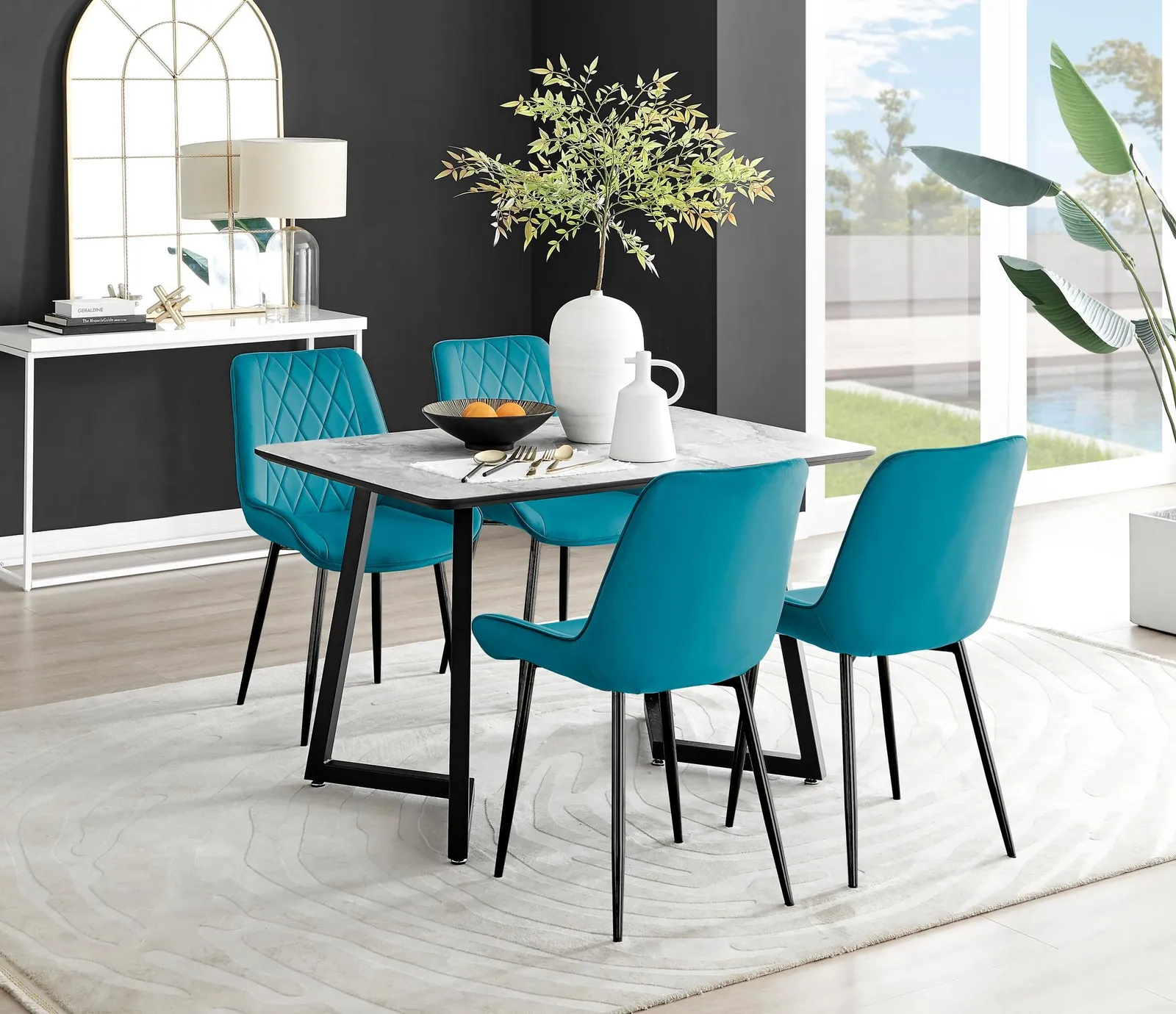 FurnitureboxUK Carson White Marble Effect Dining Table & 4 Pesaro Black Leg Chairs in Blue 1