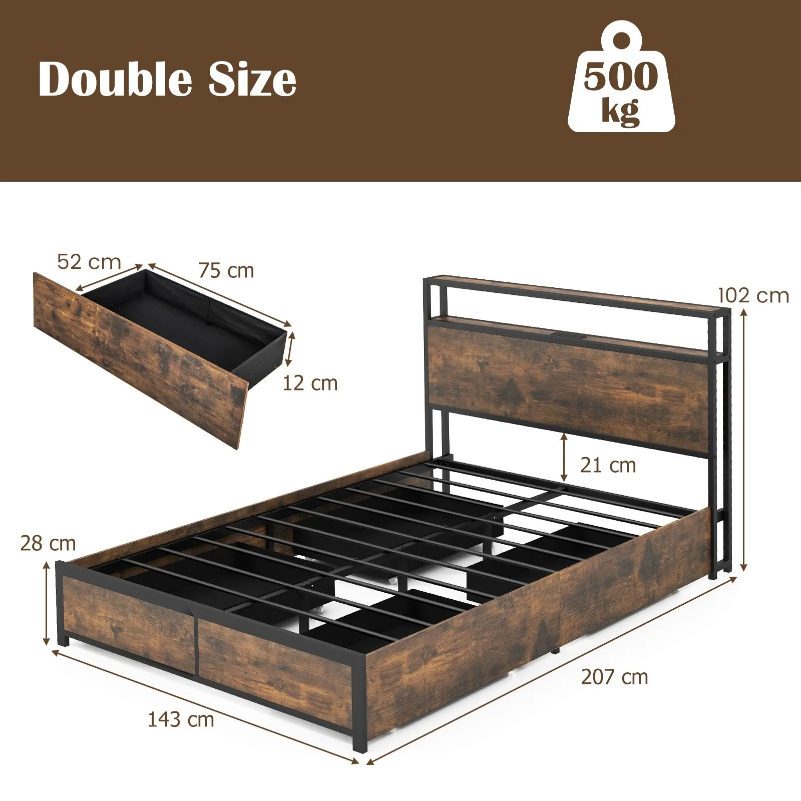 Costway Double Size Bed Frame Metal Bed Platform LED Light Headboard & 4 Storage Drawers in Brown 3