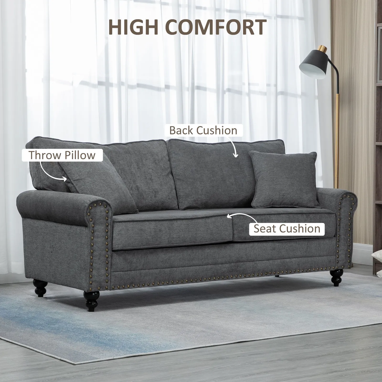 HOMCOM 3 Seater Sofas Fabric Sofa with Nailhead Trim Cushions & Throw Pillows in Grey 4