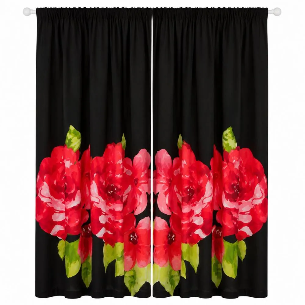 Smart Living Grace Floral Curtains Pair with Tie Backs - Large Flower Print in Black 3