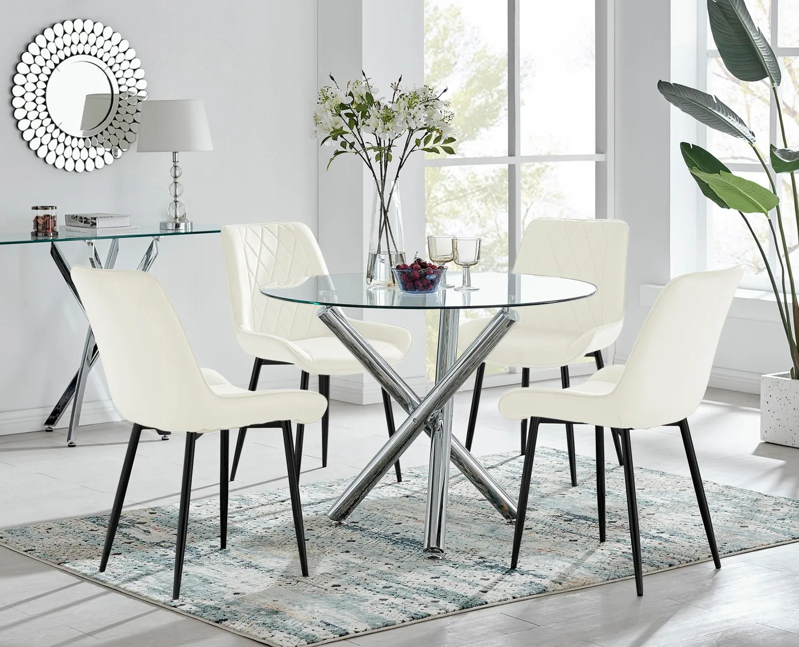FurnitureboxUK Selina Round Glass Chrome Leg Dining Table & Pesaro Black Leg Chairs in Cream 1