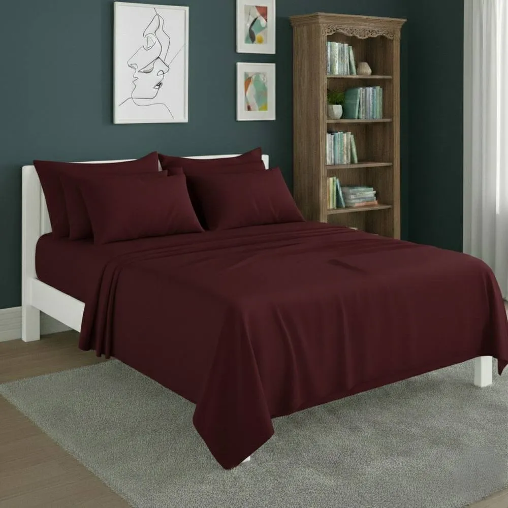 Snug City Plain Poly Cotton Easy Care Fitted Flat Sheet Matching Pillowcases Set in Wine